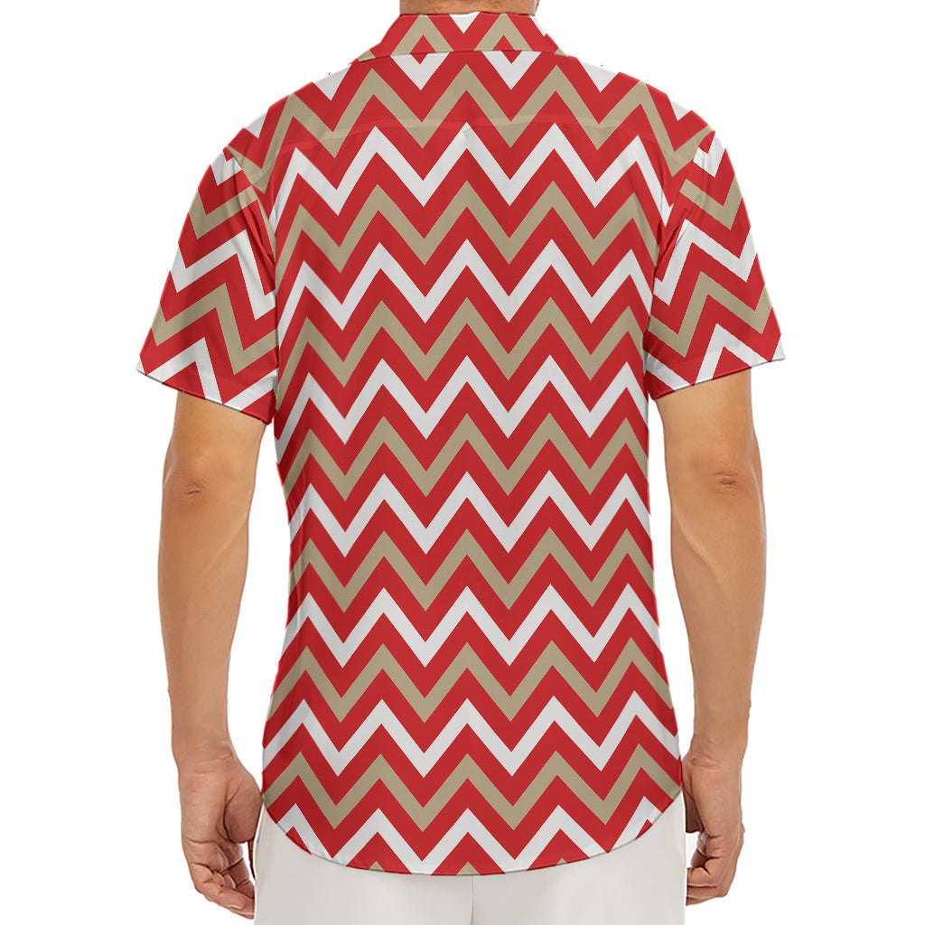 Red Beige And White Chevron Print Men's Deep V-Neck Shirt