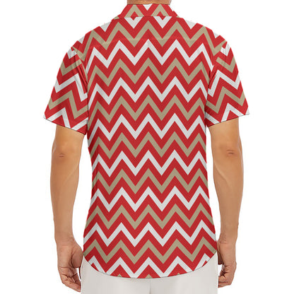 Red Beige And White Chevron Print Men's Deep V-Neck Shirt