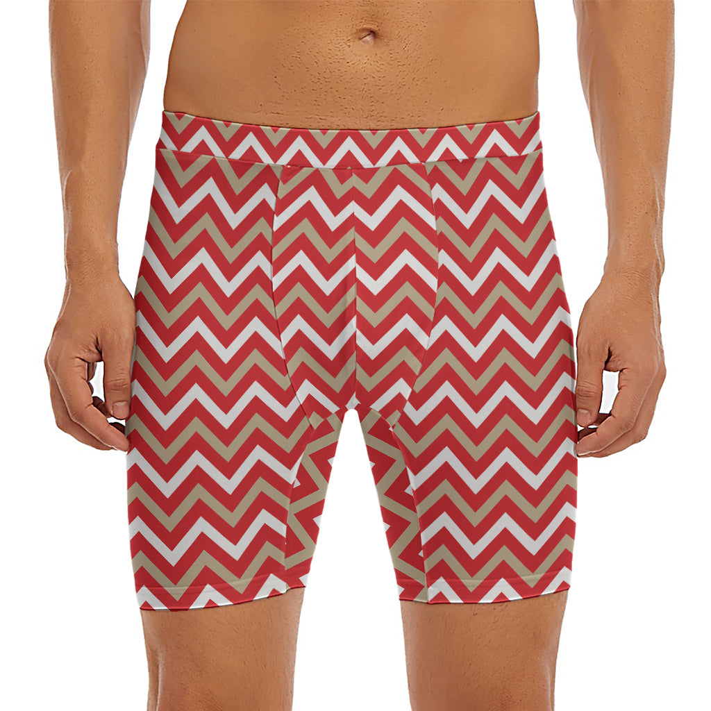 Red Beige And White Chevron Print Men's Long Boxer Briefs