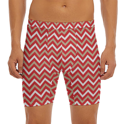 Red Beige And White Chevron Print Men's Long Boxer Briefs