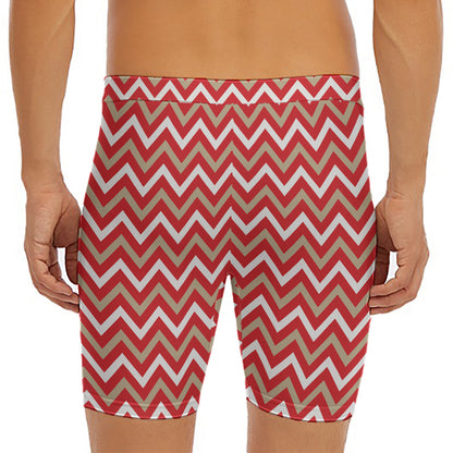 Red Beige And White Chevron Print Men's Long Boxer Briefs