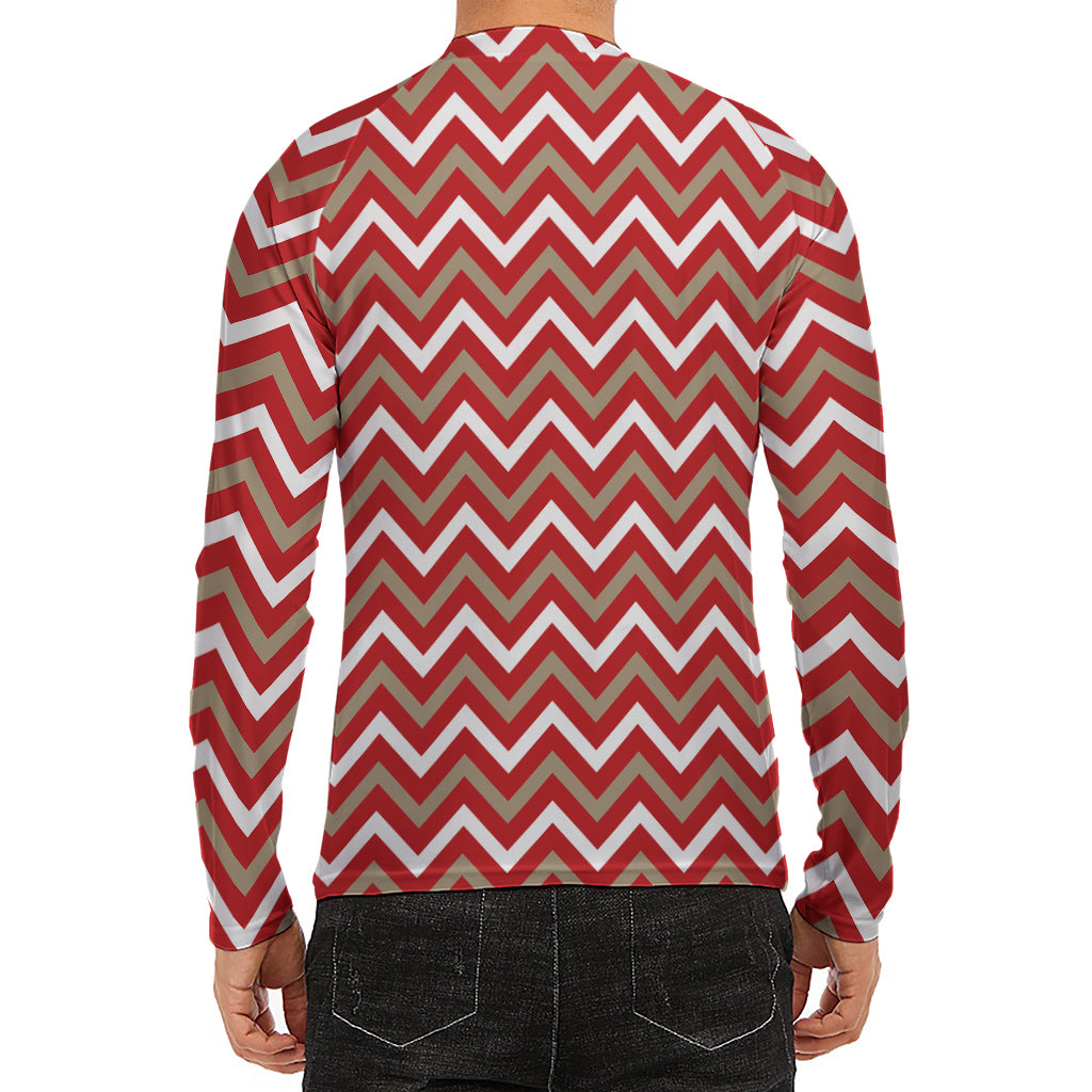 Red Beige And White Chevron Print Men's Long Sleeve Rash Guard