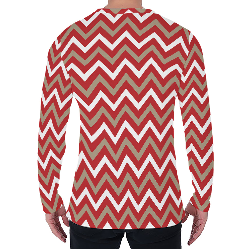 Red Beige And White Chevron Print Men's Long Sleeve T-Shirt