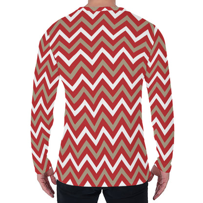 Red Beige And White Chevron Print Men's Long Sleeve T-Shirt