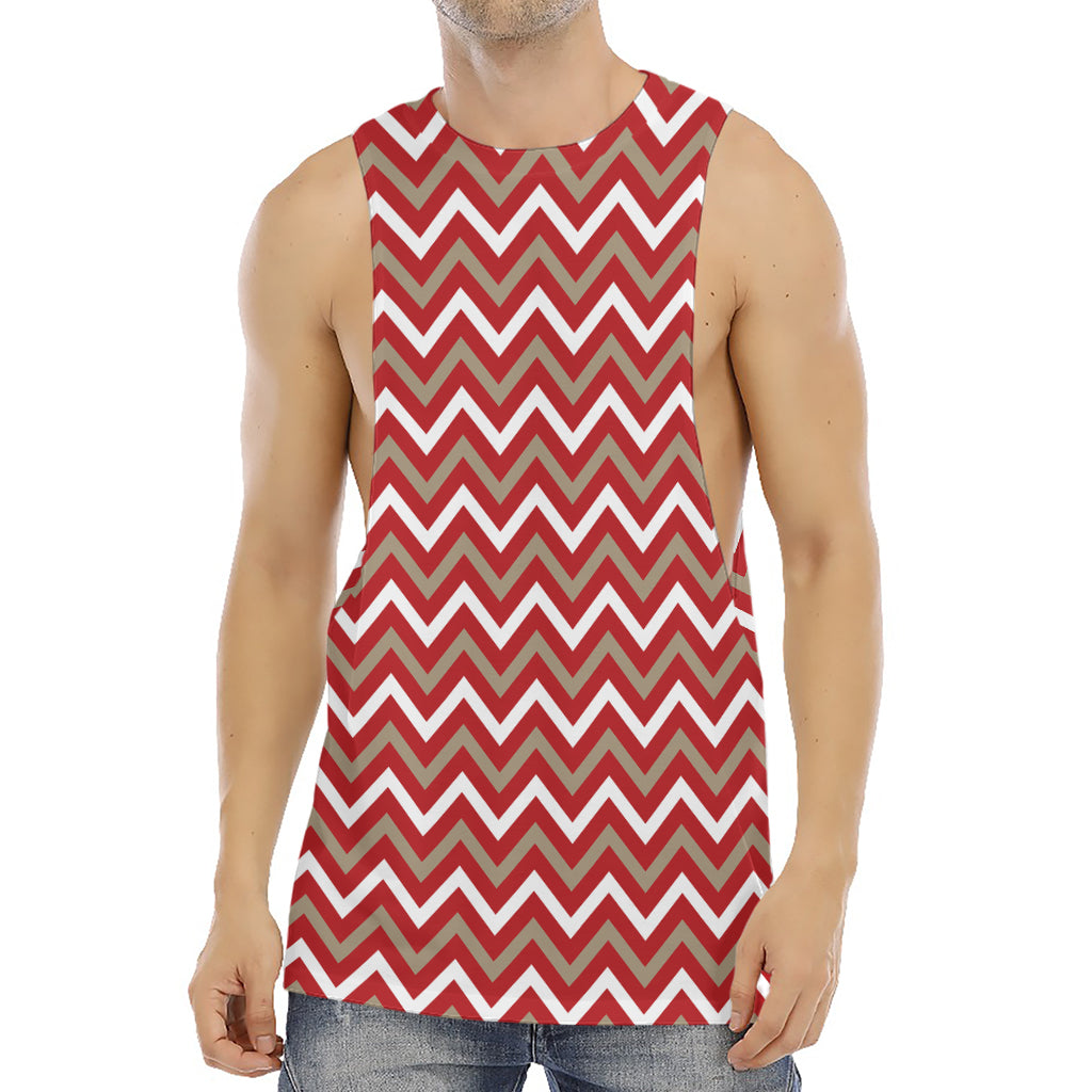 Red Beige And White Chevron Print Men's Muscle Tank Top