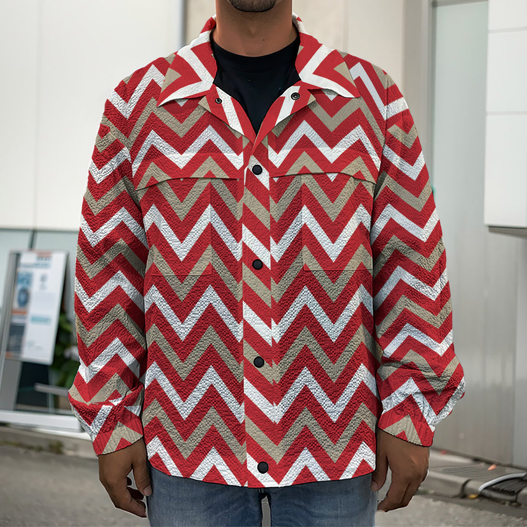 Red Beige And White Chevron Print Men's Shirt Jacket