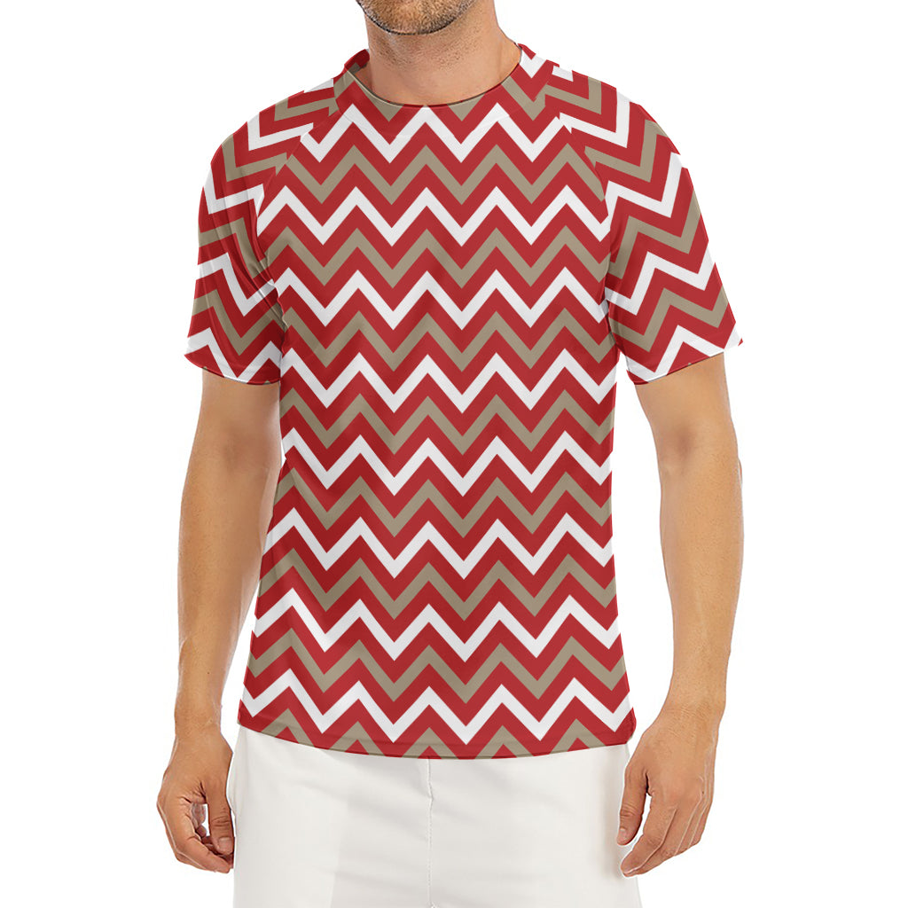 Red Beige And White Chevron Print Men's Short Sleeve Rash Guard