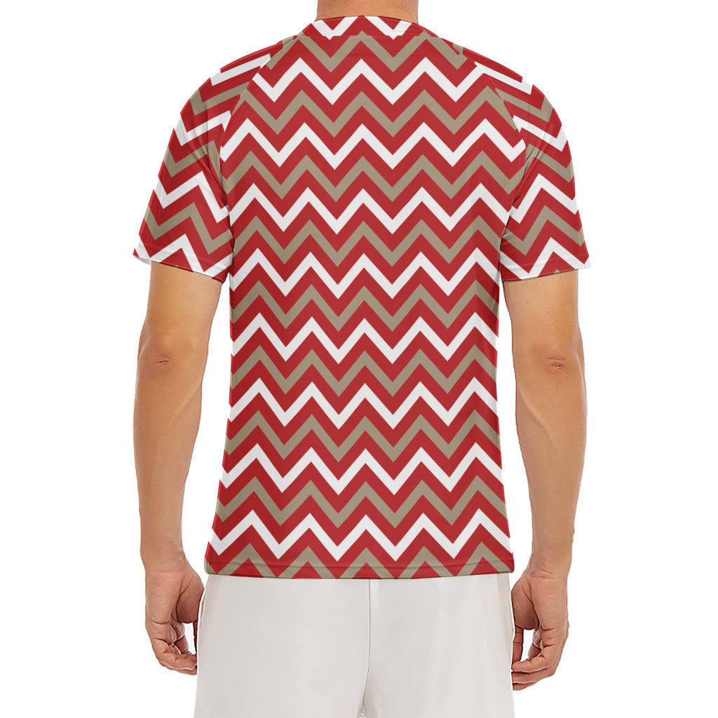 Red Beige And White Chevron Print Men's Short Sleeve Rash Guard