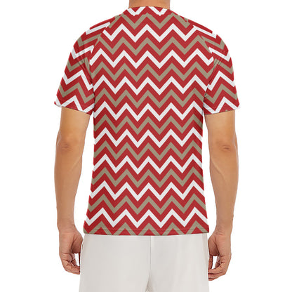 Red Beige And White Chevron Print Men's Short Sleeve Rash Guard