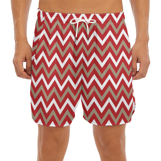 Red Beige And White Chevron Print Men's Split Running Shorts