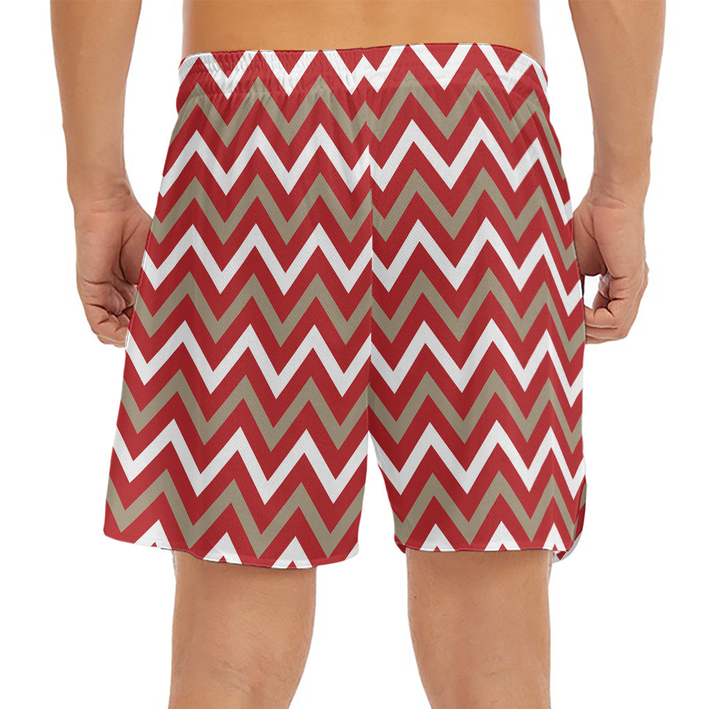 Red Beige And White Chevron Print Men's Split Running Shorts