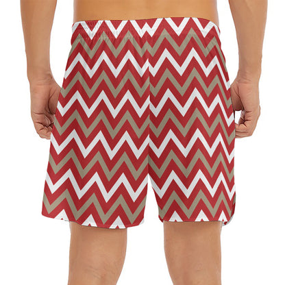 Red Beige And White Chevron Print Men's Split Running Shorts