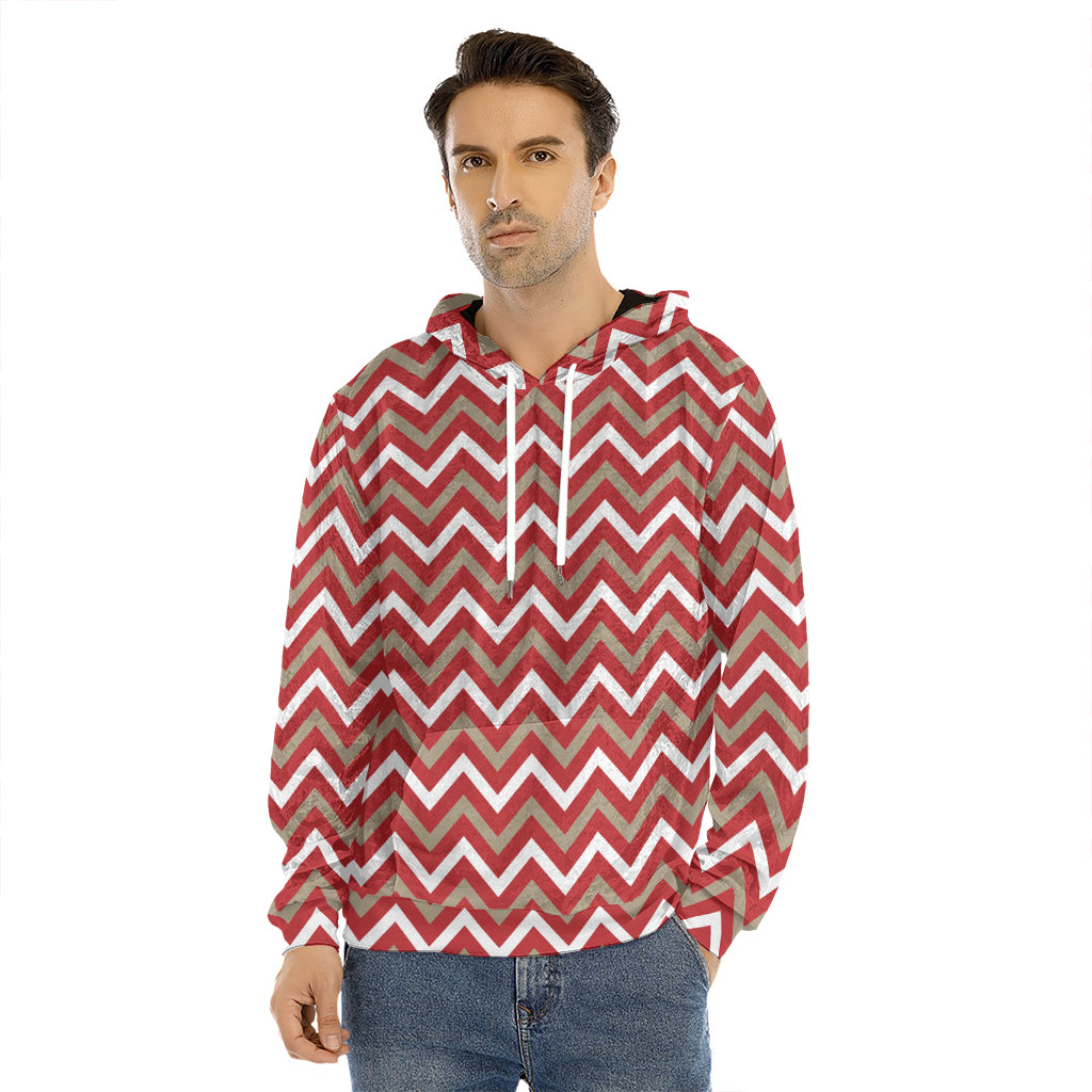 Red Beige And White Chevron Print Men's Velvet Pullover Hoodie