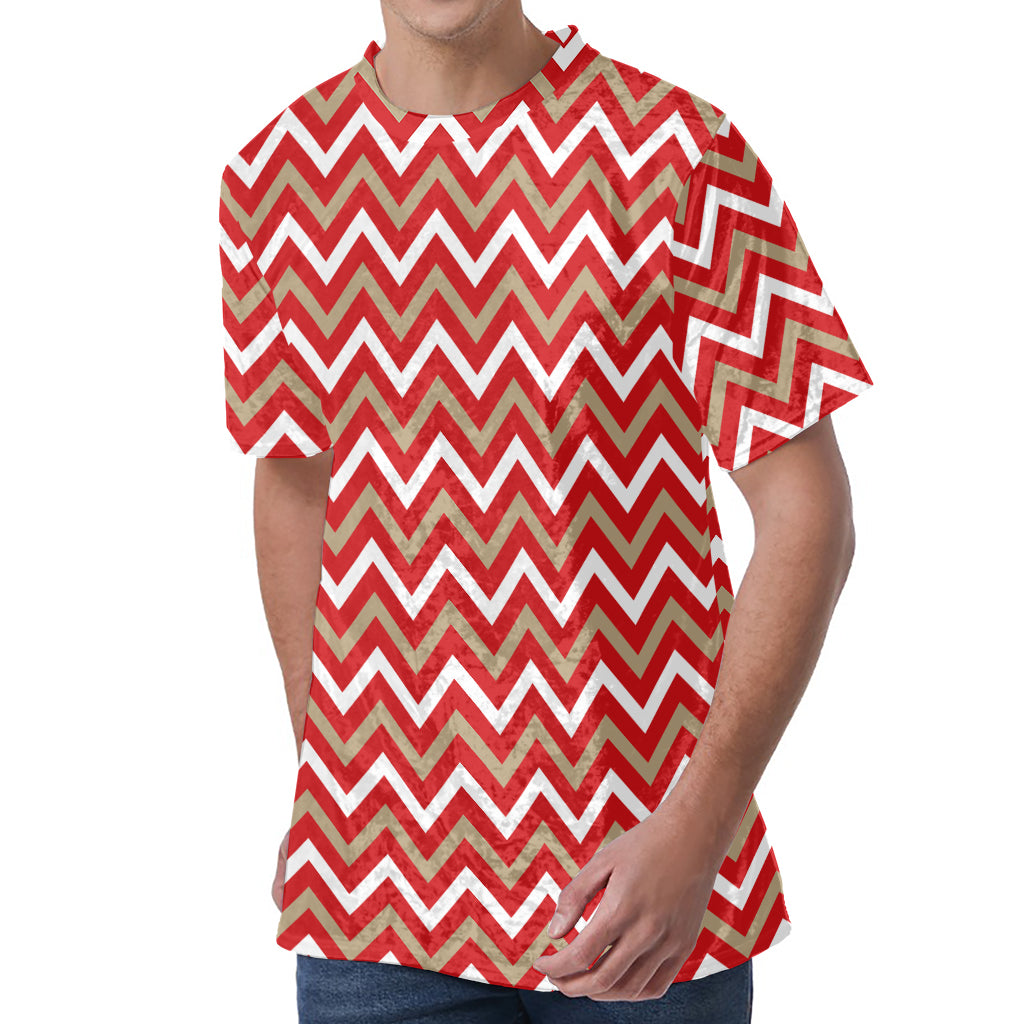 Red Beige And White Chevron Print Men's Velvet T-Shirt