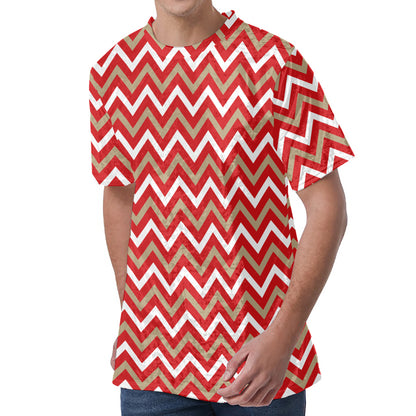 Red Beige And White Chevron Print Men's Velvet T-Shirt