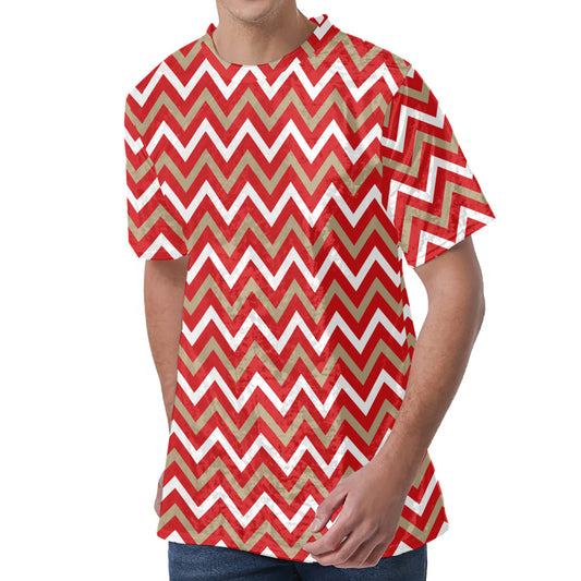 Red Beige And White Chevron Print Men's Velvet T-Shirt