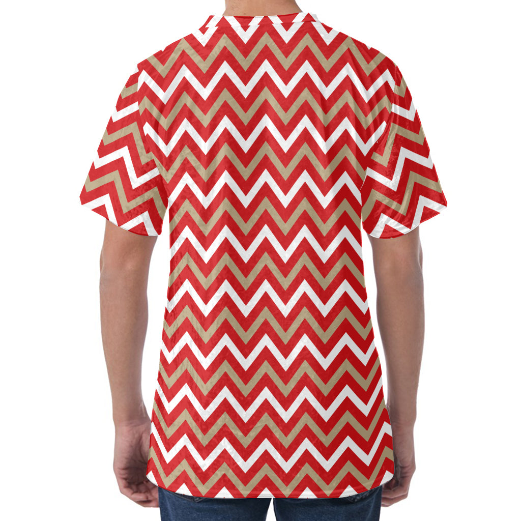 Red Beige And White Chevron Print Men's Velvet T-Shirt