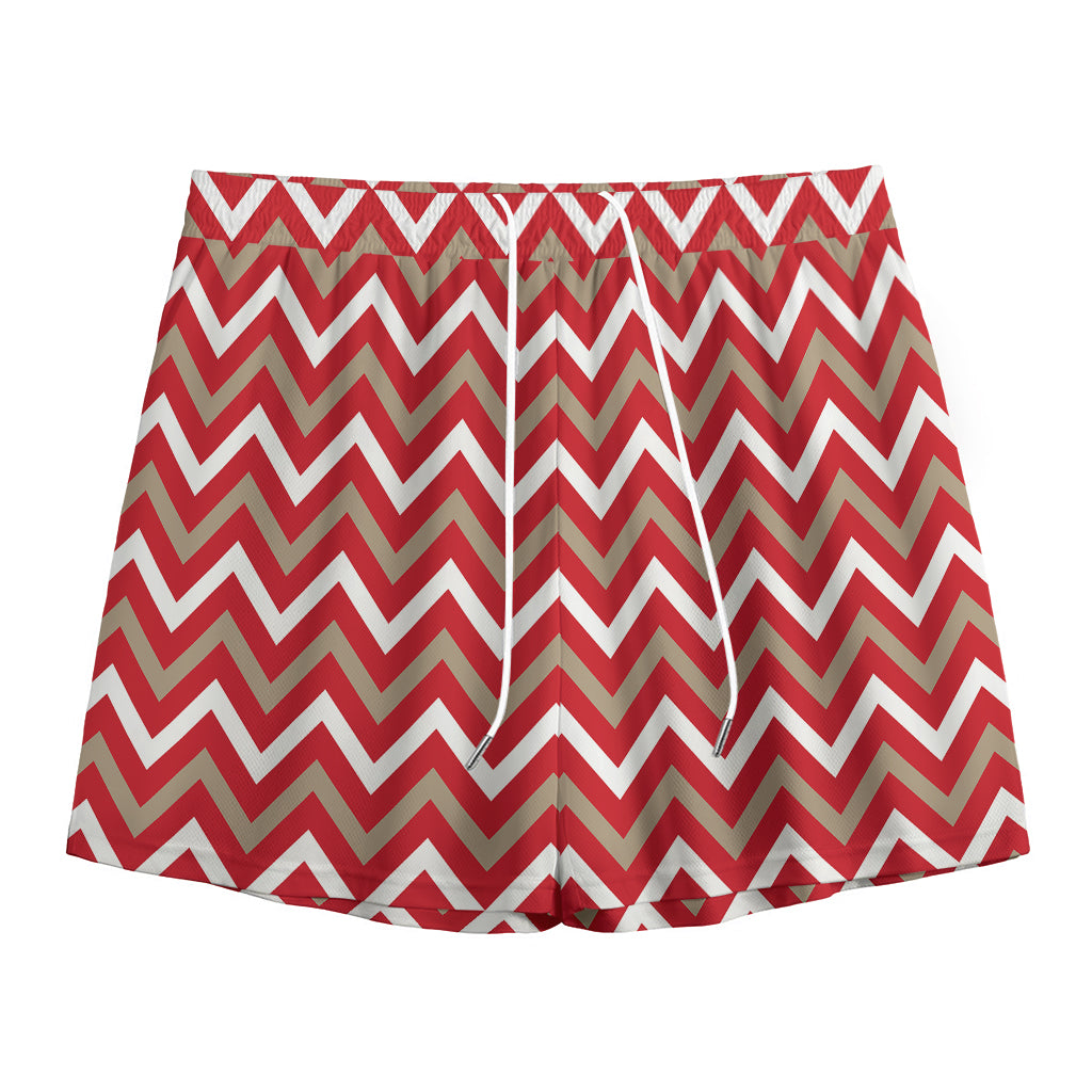 Red Beige And White Chevron Print Mesh Shorts