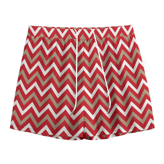 Red Beige And White Chevron Print Mesh Shorts