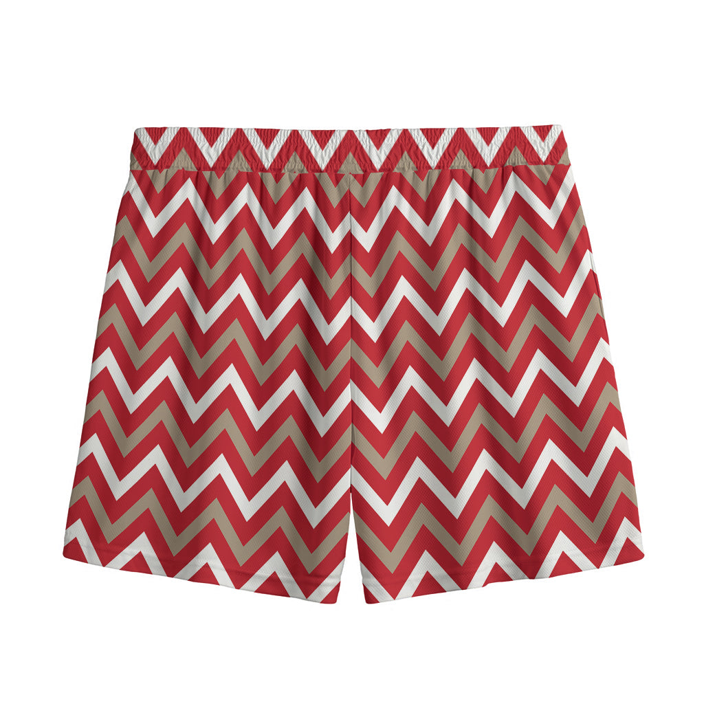 Red Beige And White Chevron Print Mesh Shorts