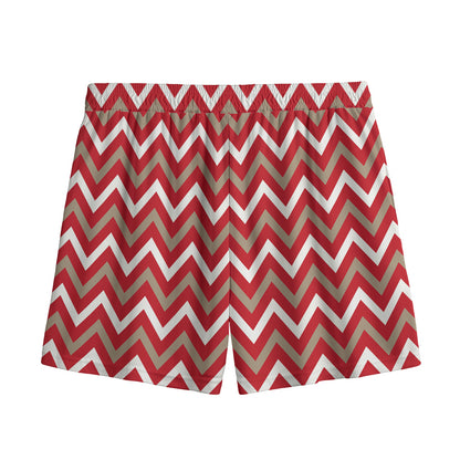 Red Beige And White Chevron Print Mesh Shorts