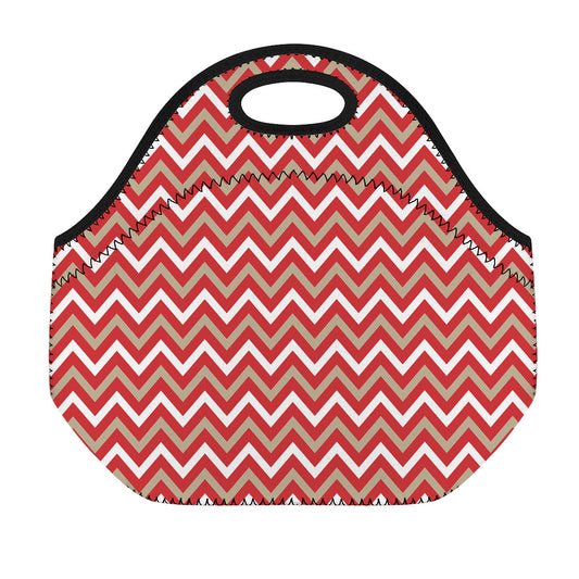 Red Beige And White Chevron Print Neoprene Lunch Bag