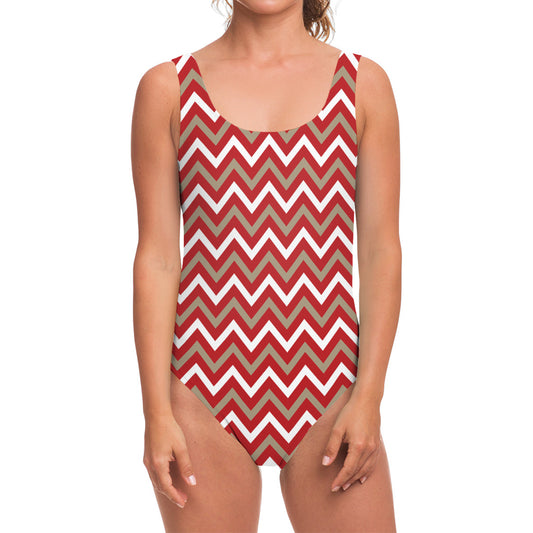 Red Beige And White Chevron Print One Piece Swimsuit