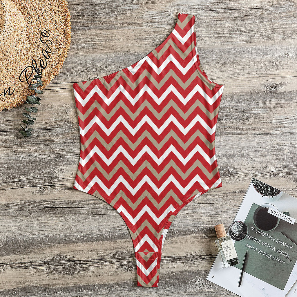 Red Beige And White Chevron Print One Shoulder Bodysuit