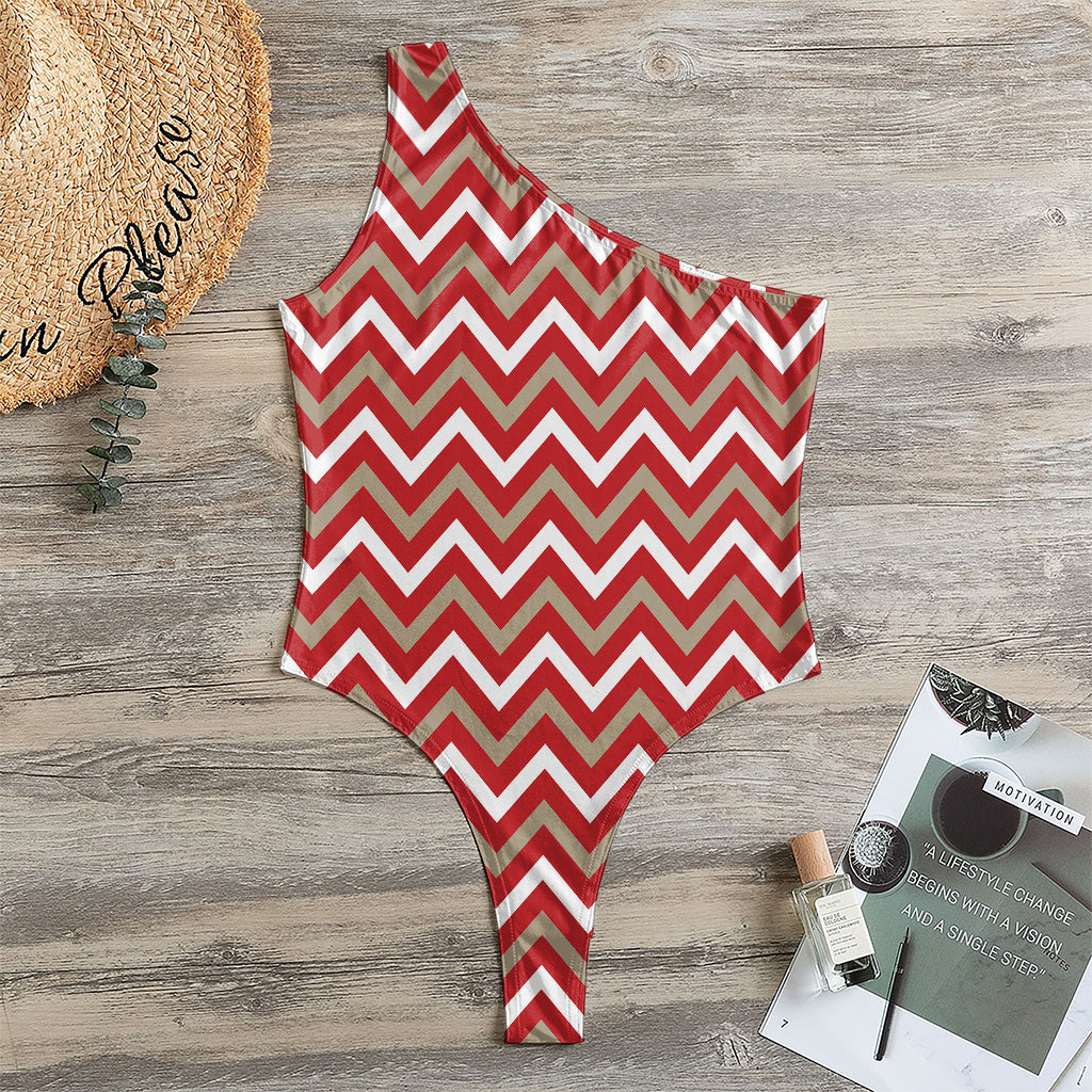 Red Beige And White Chevron Print One Shoulder Bodysuit