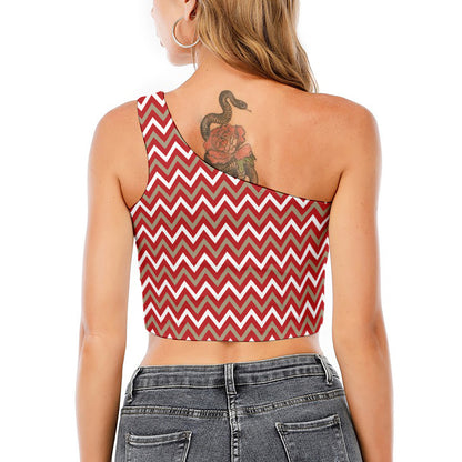 Red Beige And White Chevron Print One Shoulder Crop Top