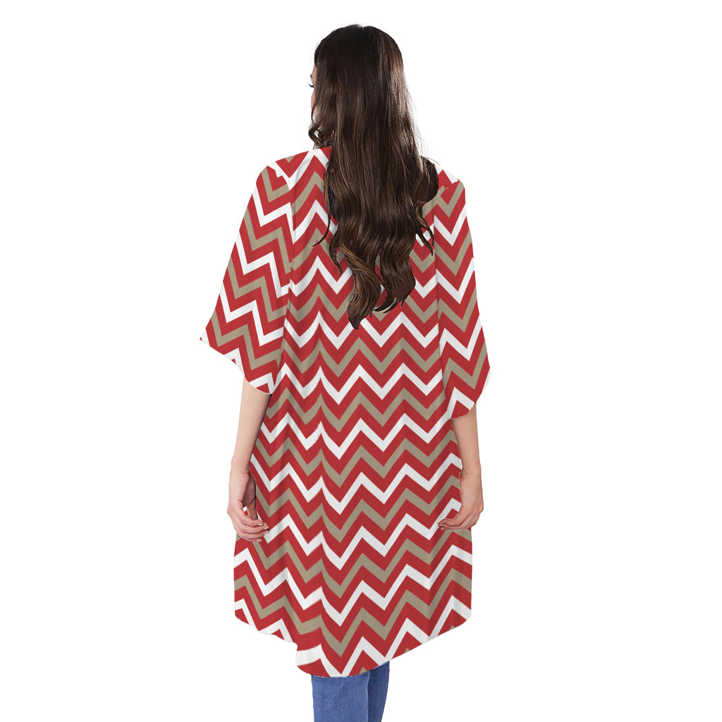 Red Beige And White Chevron Print Open Front Beach Cover Up