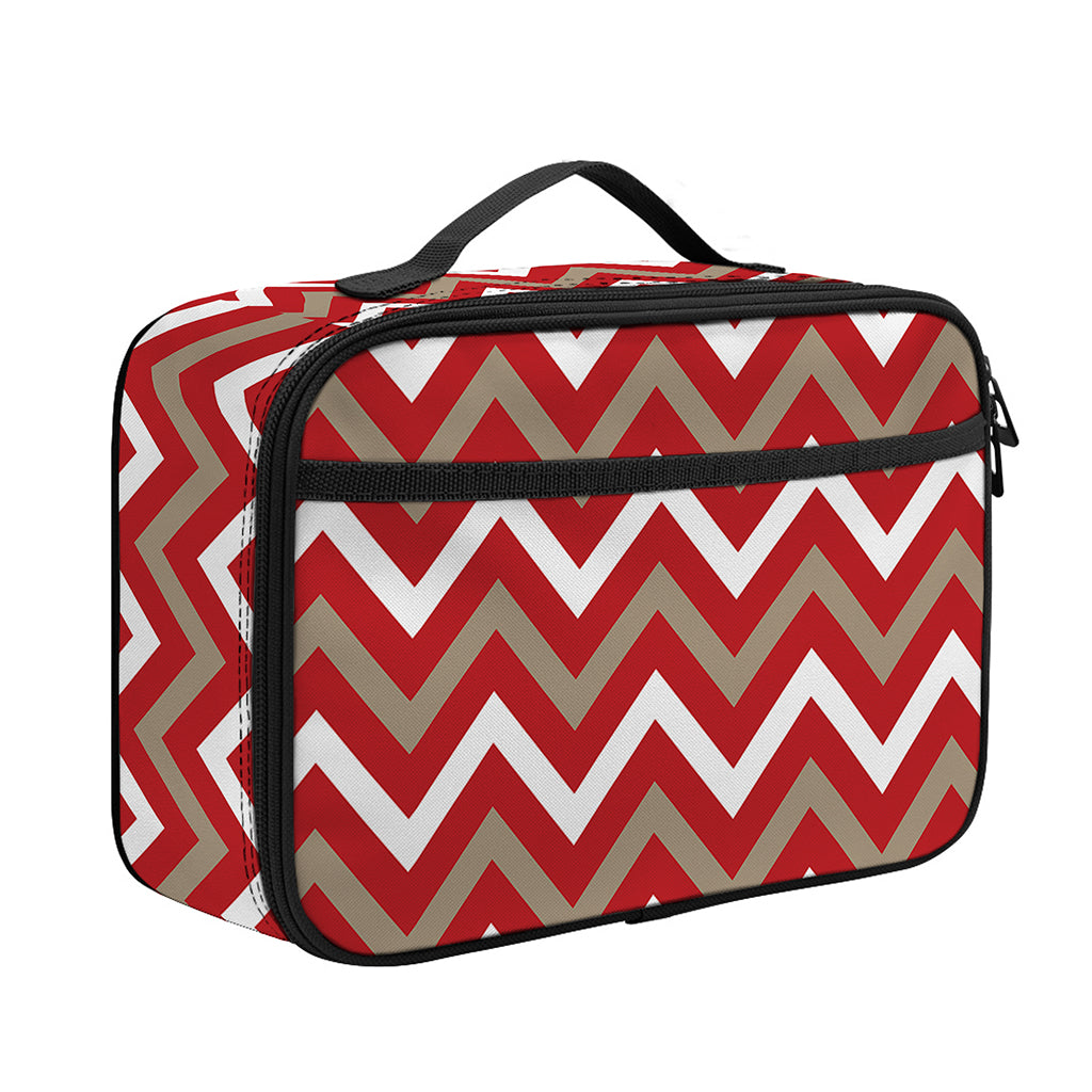 Red Beige And White Chevron Print Portable Lunch Bag