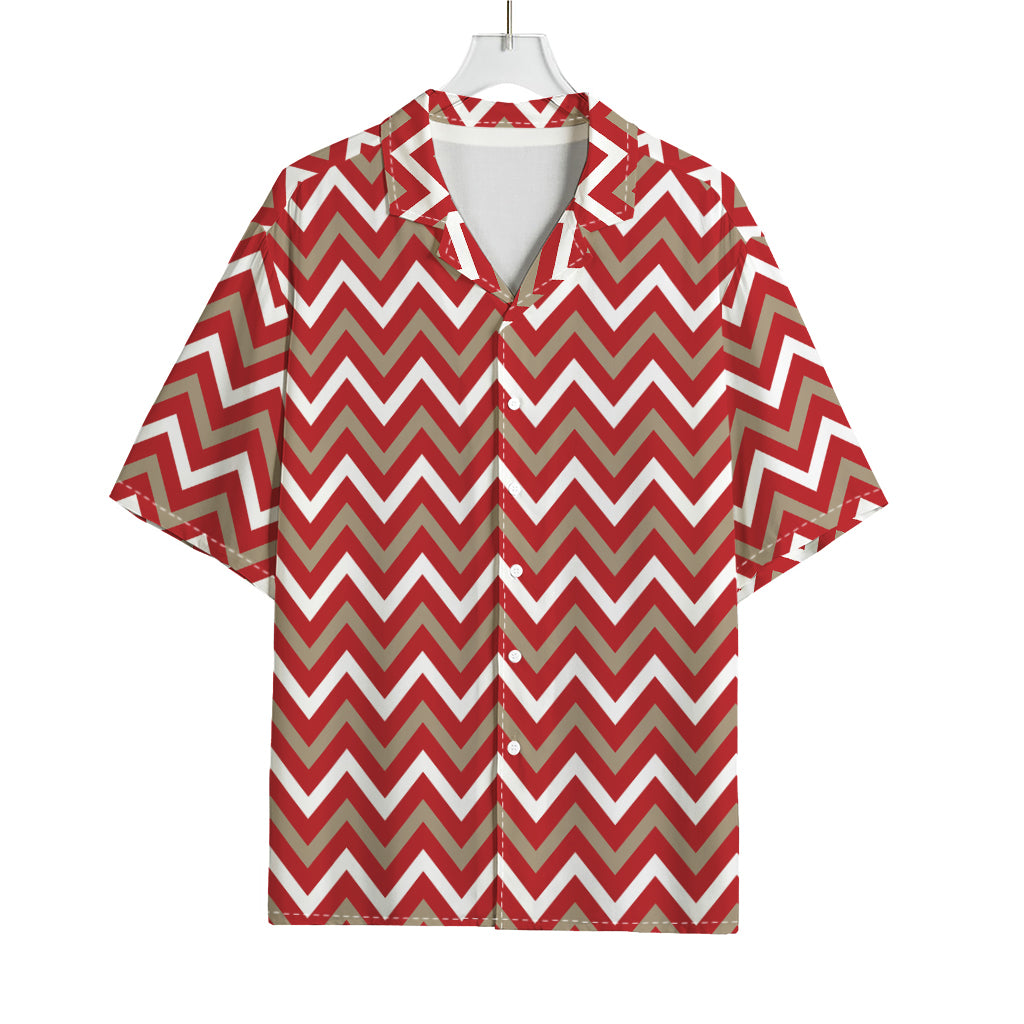 Red Beige And White Chevron Print Rayon Hawaiian Shirt