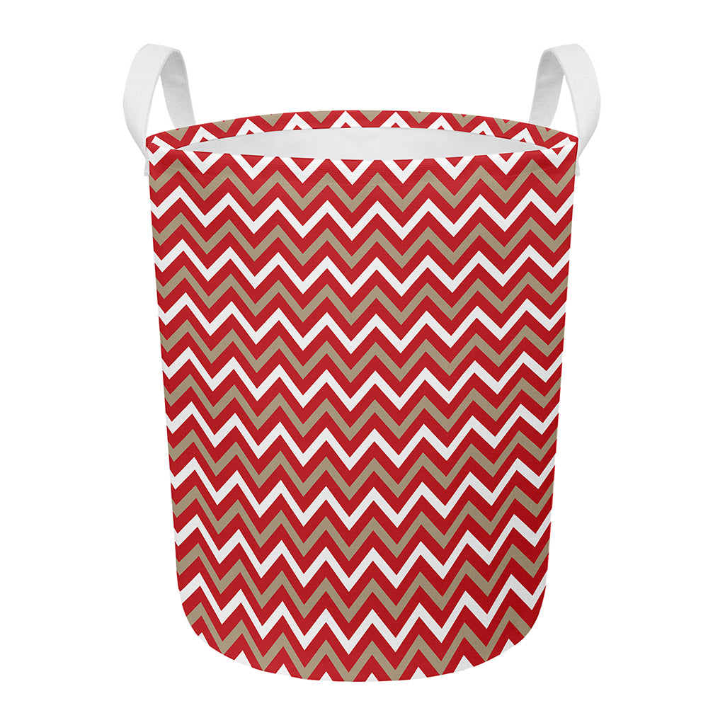 Red Beige And White Chevron Print Round Laundry Basket