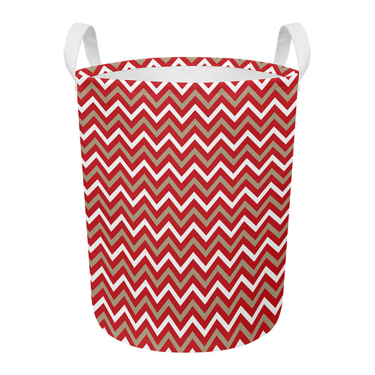 Red Beige And White Chevron Print Round Laundry Basket