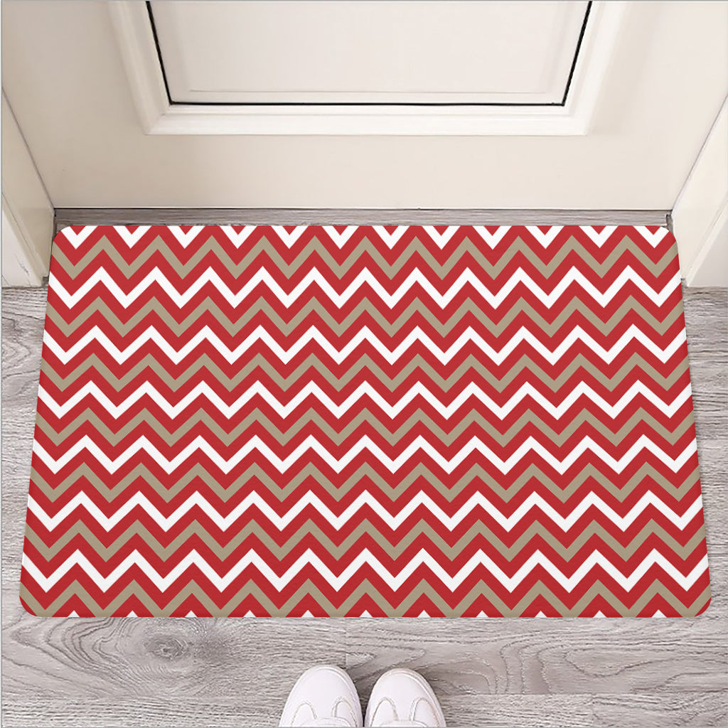 Red Beige And White Chevron Print Rubber Doormat