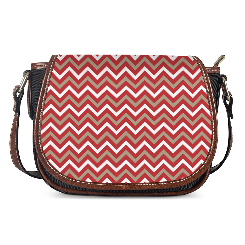 Red Beige And White Chevron Print Saddle Bag