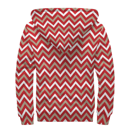 Red Beige And White Chevron Print Sherpa Lined Zip Up Hoodie