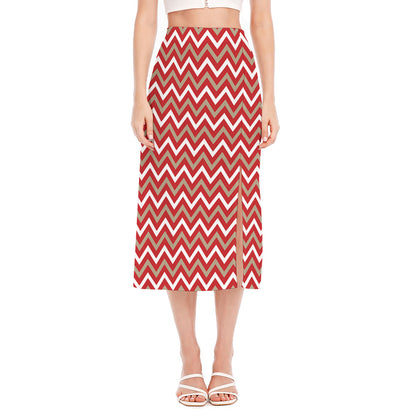 Red Beige And White Chevron Print Side Slit Midi Skirt