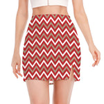 Red Beige And White Chevron Print Side Slit Mini Skirt