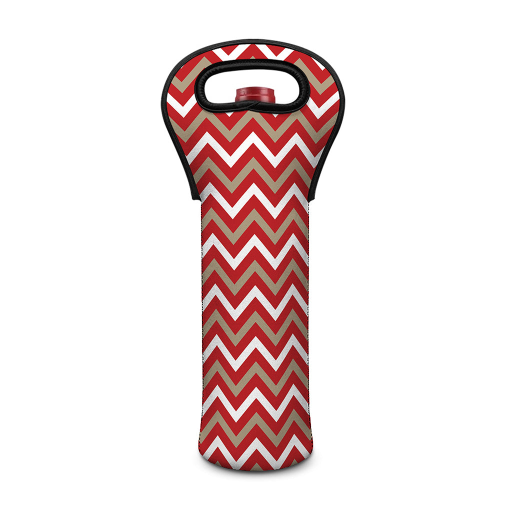 Red Beige And White Chevron Print Single Neoprene Wine Tote