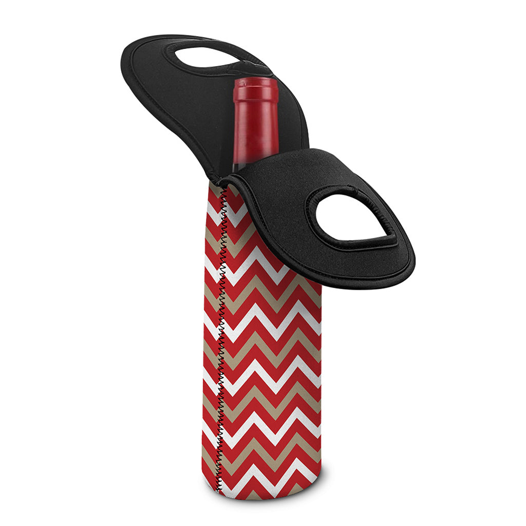 Red Beige And White Chevron Print Single Neoprene Wine Tote