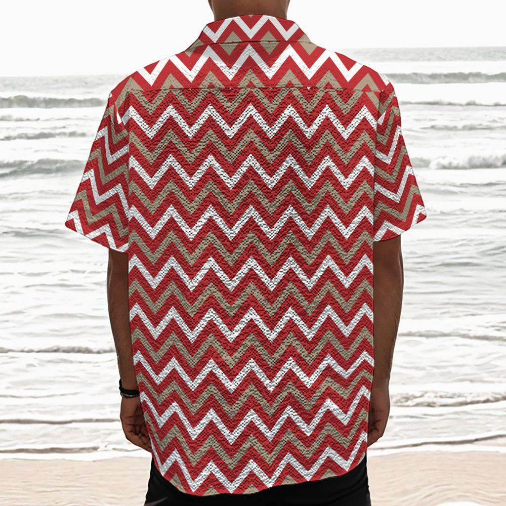 Red Beige And White Chevron Print Textured Short Sleeve Shirt