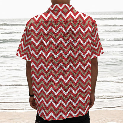 Red Beige And White Chevron Print Textured Short Sleeve Shirt