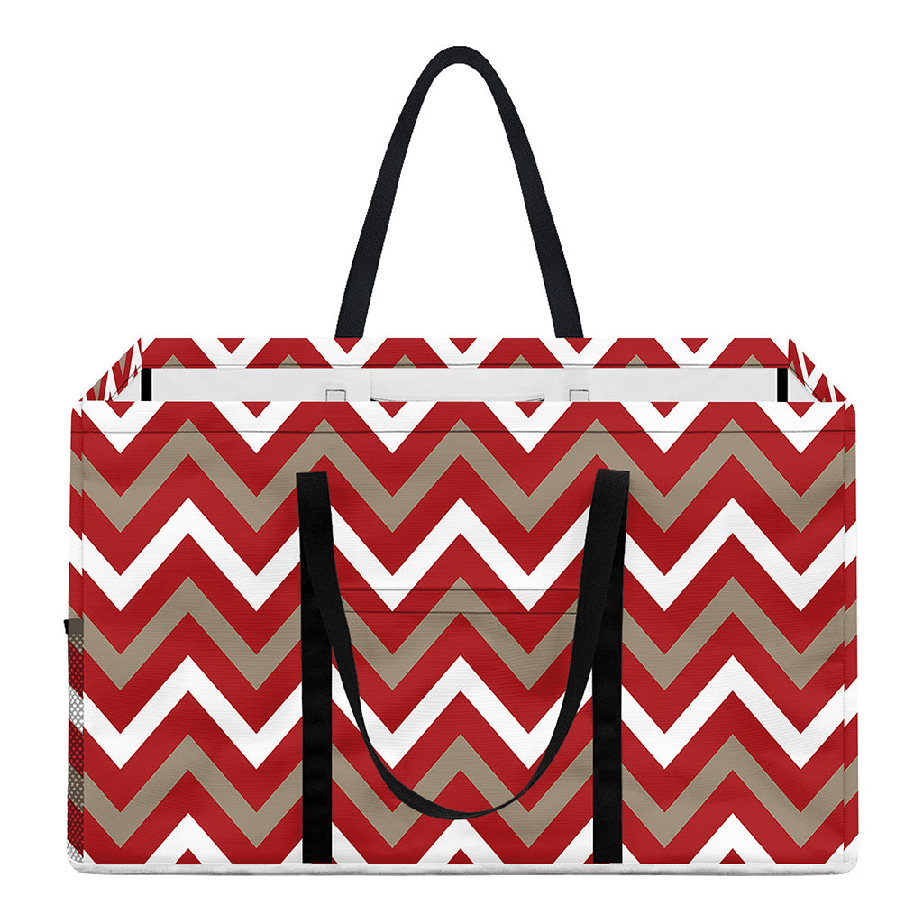 Red Beige And White Chevron Print Utility Tote Bag