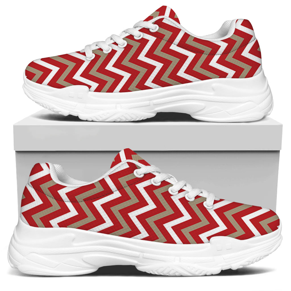 Red Beige And White Chevron Print White Chunky Shoes