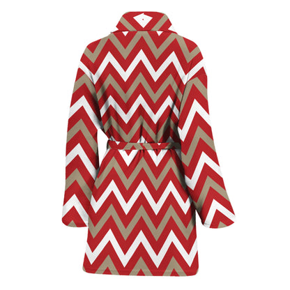 Red Beige And White Chevron Print Women's Bathrobe
