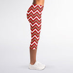 Red Beige And White Chevron Print Women's Capri Leggings