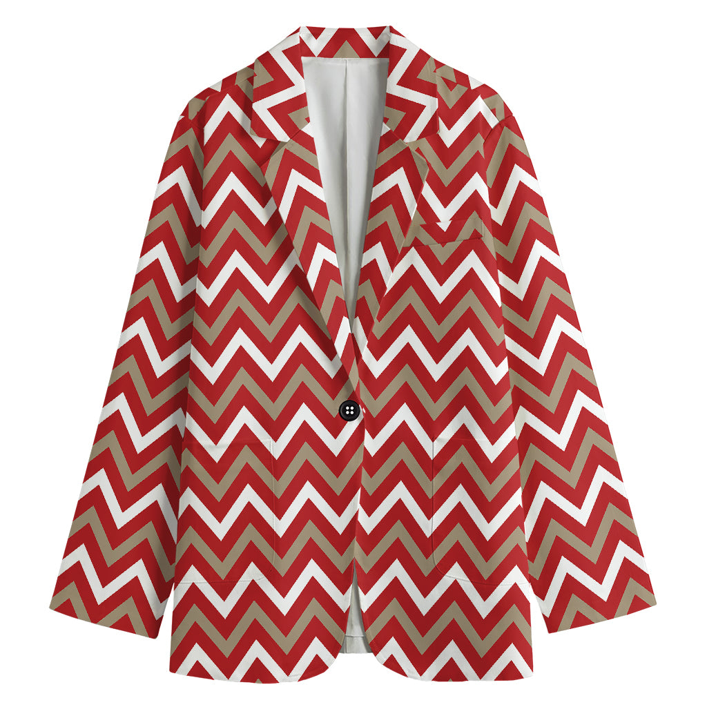 Red Beige And White Chevron Print Women's Cotton Blazer