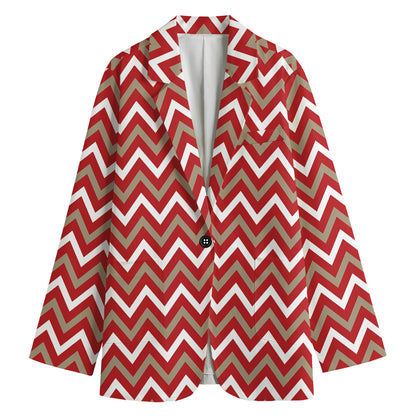 Red Beige And White Chevron Print Women's Cotton Blazer